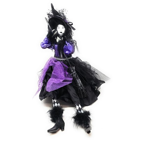 Halloween Witch 24" Black and Purple with Black Broom Party Decor Wreath Center - Picture 2 of 6
